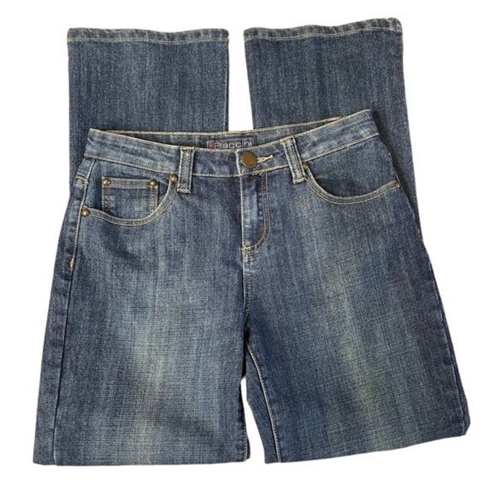 Baccini Boot Cut Jeans Mid-Rise Blue Denim Stretch Embellished Pockets Size 4P